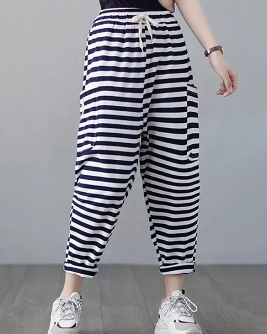 Loose Striped Drawstring Harem Sports Pants