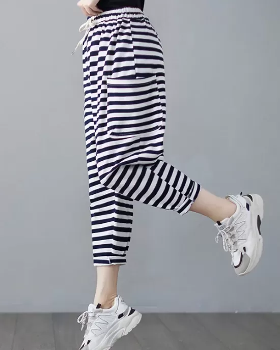 Loose Striped Drawstring Harem Sports Pants