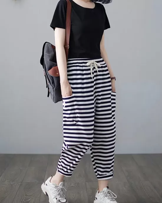 Loose Striped Drawstring Harem Sports Pants