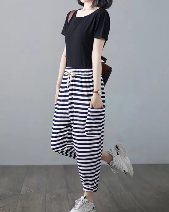 Loose Striped Drawstring Harem Sports Pants