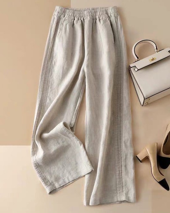 Ruffle Ramie Cotton Elasticity Loose Casual Wide-Leg Pants