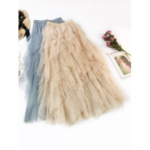 Solid Color Irregular Tiered Gauze Skirt