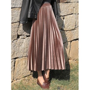 Solid Color High-Waist Pleated A-Line Skirt