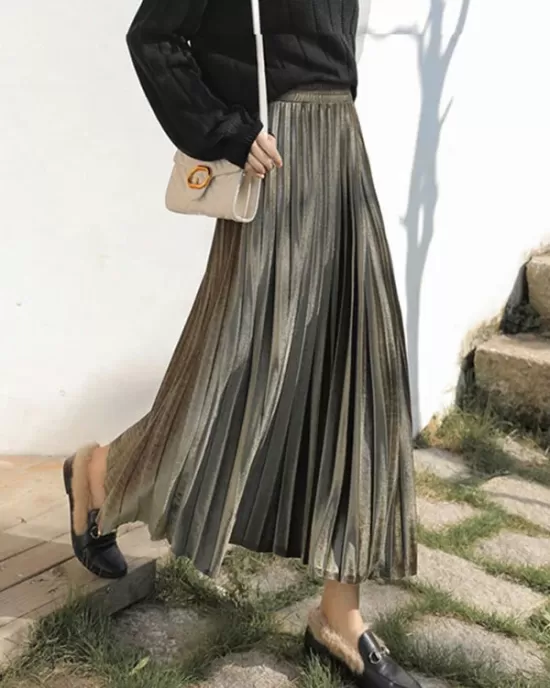 Solid Color High-Waist Pleated A-Line Skirt