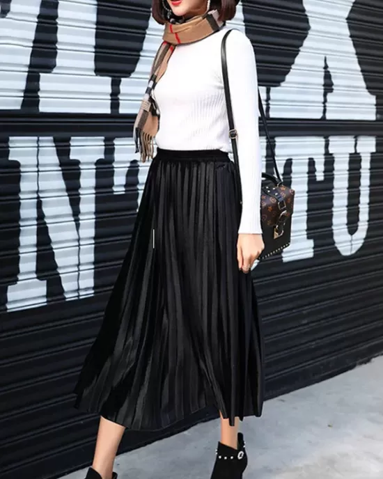 Solid Color High-Waist Pleated A-Line Skirt