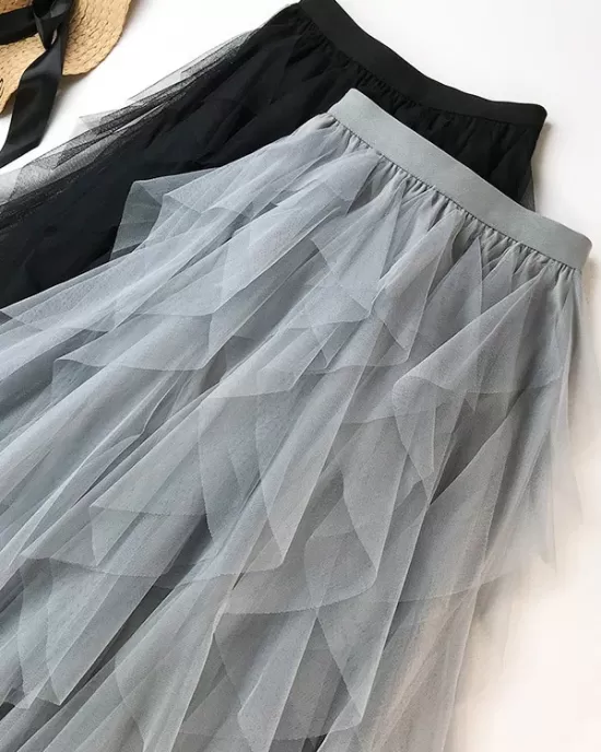 Solid Color Irregular Tiered Gauze Skirt