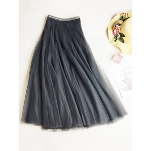 Solid Color Loose Elastic-Waist Mesh Skirt