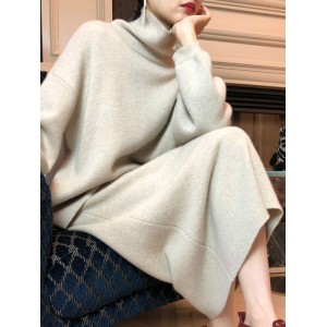 Urban Loose Solid Color High-Neck Sweater Tops & Skirts Bottoms Suits