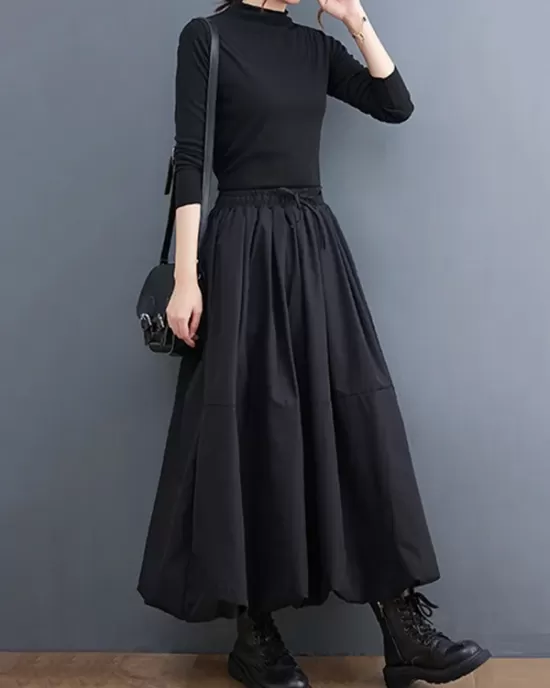 Urban Loose Drawstring High Waisted Black Bubble Skirt