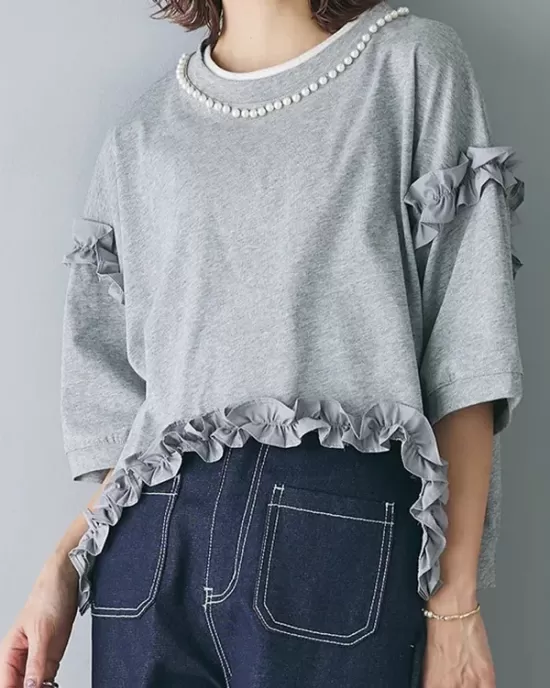 Beaded Ruffled Solid Color Half Sleeves Round-Neck T-Shirts Tops&Pants Two Pieces Set