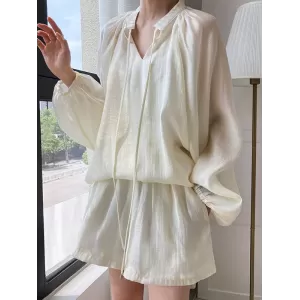 Casual Loose Solid Color Puff Sleeves Blouse&Wide Leg Shorts Two Pieces Set