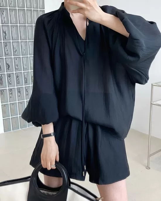 Casual Loose Solid Color Puff Sleeves Blouse&Wide Leg Shorts Two Pieces Set