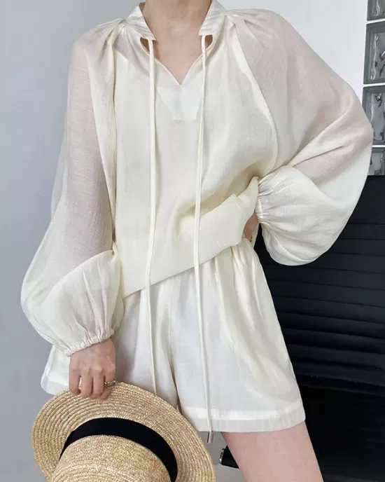 Casual Loose Solid Color Puff Sleeves Blouse&Wide Leg Shorts Two Pieces Set