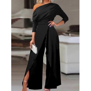 Solid Color One-Shoulder Long Sleeves T-Shirt + High-Waisted Wide Leg Pants Trousers Two Pieces Set