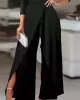 Solid Color One-Shoulder Long Sleeves T-Shirt + High-Waisted Wide Leg Pants Trousers Two Pieces Set