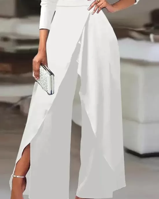 Solid Color One-Shoulder Long Sleeves T-Shirt + High-Waisted Wide Leg Pants Trousers Two Pieces Set