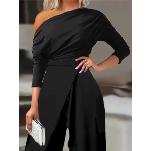 Solid Color One-Shoulder Long Sleeves T-Shirt + High-Waisted Wide Leg Pants Trousers Two Pieces Set