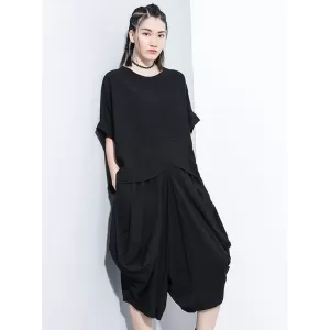 Loose Solid Color Round-Neck Short Sleeves  Tops+ Elasticity Pleated Cropped Pants Two Pieces Set