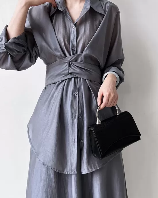 Solid Color Long Sleeves Tied Waist Blouse + Loose Elasticity Waist Skirt Two Pieces Set