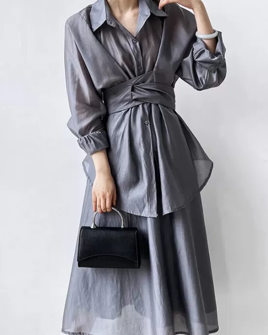 Solid Color Long Sleeves Tied Waist Blouse + Loose Elasticity Waist Skirt Two Pieces Set