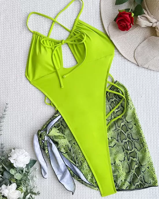 Padded Hollow Solid Color One-Piece Swimwear & Skirts Two Pieces Set