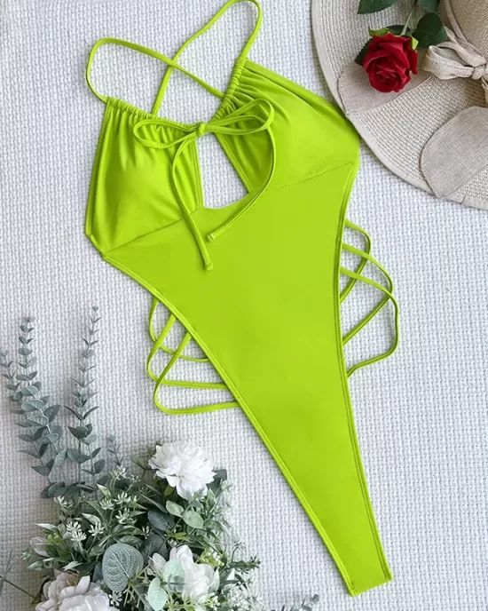 Padded Hollow Solid Color One-Piece Swimwear & Skirts Two Pieces Set