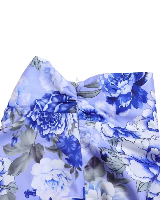 Long Sleeves Floral Printed Blouse + Split-Back Solid Color Skirt Two Pieces Set