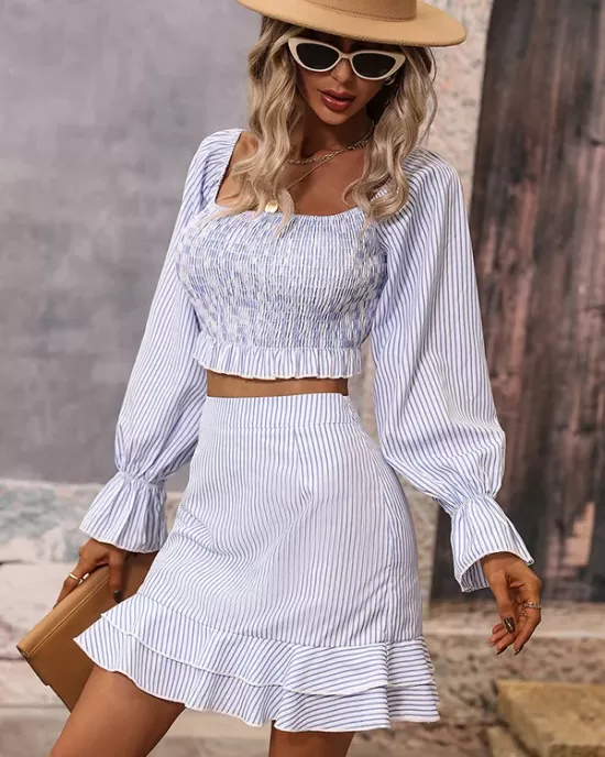 Casual A-Line Striped Off-The-Shoulder Two Pieces Set