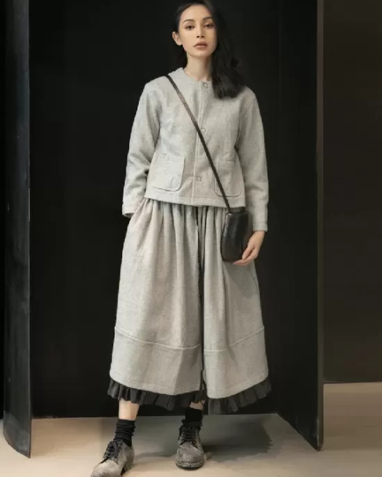 Urban Long Sleeves Buttoned Round-Neck Jacket Top+ Split-Joint Skirt Two Pieces Set