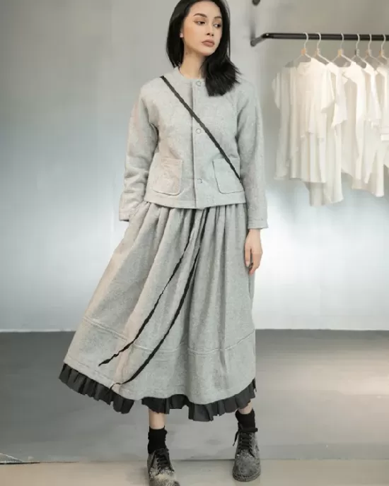 Urban Long Sleeves Buttoned Round-Neck Jacket Top+ Split-Joint Skirt Two Pieces Set