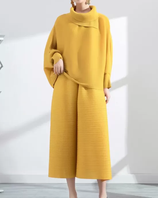 Simple Loose Long Sleeves Pleated Solid Color High-Neck T-Shirt Top&Wide Legs Pants Two Pieces Set