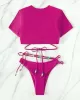 Asymmetric Hollow Solid Color Round-Neck Bikini Swimsuit Two Pieces Set