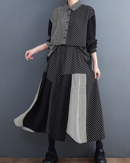 Loose Oversize Striped Polka-Dot Split-Joint Blouse Top A-Line Skirt Bottom Two Pieces Set