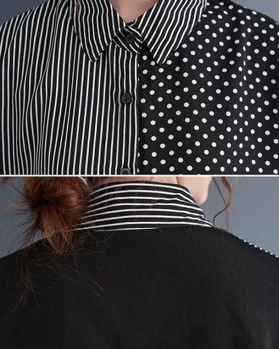 Loose Oversize Striped Polka-Dot Split-Joint Blouse Top A-Line Skirt Bottom Two Pieces Set