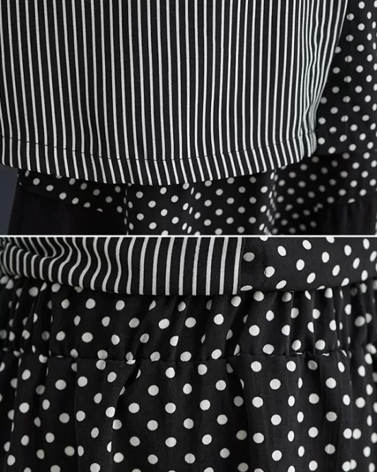 Loose Oversize Striped Polka-Dot Split-Joint Blouse Top A-Line Skirt Bottom Two Pieces Set