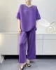 Elastics Pleated Solid Color Short Sleeves Wide Leg Round-neck Two Pieces Set