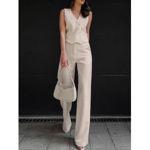 Solid Color Sleeveless Asymmetric Split-Joint  V-Neck Vest Tops +  Straight Leg Pants Suits Two Pieces Set