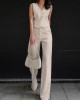 Solid Color Sleeveless Asymmetric Split-Joint  V-Neck Vest Tops +  Straight Leg Pants Suits Two Pieces Set