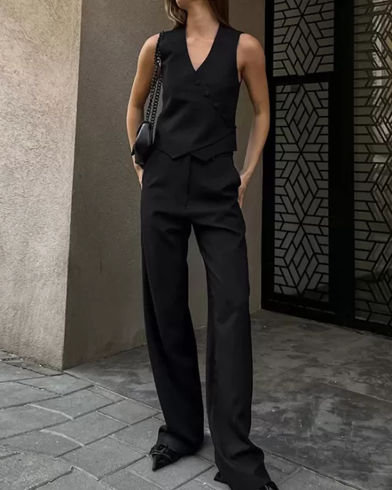 Solid Color Sleeveless Asymmetric Split-Joint  V-Neck Vest Tops +  Straight Leg Pants Suits Two Pieces Set