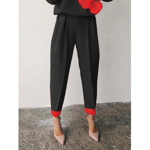 Long Sleeves Loose Buttoned Elasticity Flower Print Hollow Pleated Round-neck Pants Set Two Pieces Set