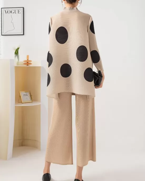 Pleated Polka Dot Long Sleeves Loose Stand Collar Two Pieces Set