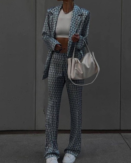 Printed Long Sleeves Lapel Outwear Top + Flared Trousers Bottom Two Pieces Set