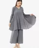 Urban Pleated Solid Color V-Neck Long Sleeves T-Shirt&Flared Pantstwo Pieces Set