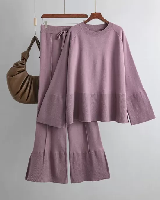 Casual Long Sleeves Loose Solid Color Round-Neck Sweater Tops & Wide Leg Pants Two Pieces Set