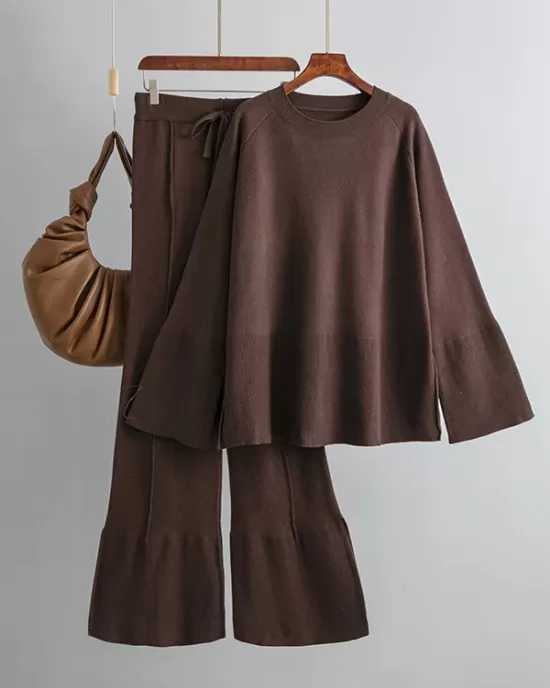 Casual Long Sleeves Loose Solid Color Round-Neck Sweater Tops & Wide Leg Pants Two Pieces Set