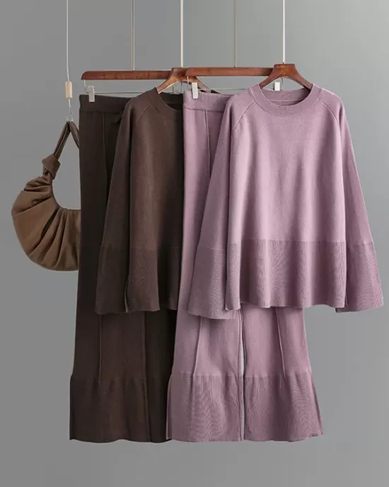 Casual Long Sleeves Loose Solid Color Round-Neck Sweater Tops & Wide Leg Pants Two Pieces Set