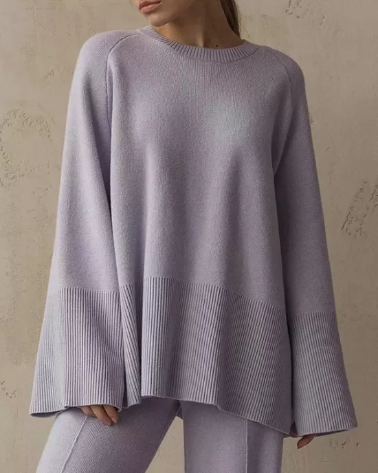 Casual Long Sleeves Loose Solid Color Round-Neck Sweater Tops & Wide Leg Pants Two Pieces Set