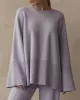 Casual Long Sleeves Loose Solid Color Round-Neck Sweater Tops & Wide Leg Pants Two Pieces Set