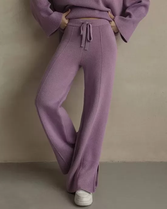 Casual Long Sleeves Loose Solid Color Round-Neck Sweater Tops & Wide Leg Pants Two Pieces Set