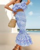 Embroidered  Falbala Hollow Off-The-Shoulder Shirt Top + Mermaid Skirt Two Pieces Set